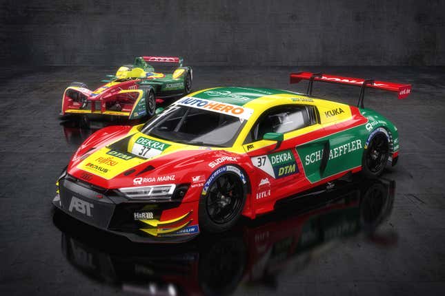 Lucas di Grassi's DTM cars alongside his championship winning Formula E contender