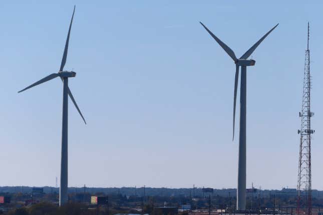 Land-based wind turbines spin in Atlantic City, N.J. on Nov. 3, 2023. On Jan. 24, 2024, New Jersey utilities regulators approved two additional offshore wind farms, bringing the state&#39;s number to three. (AP Photo/Wayne Parry)