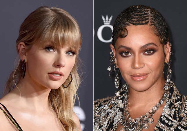 FILE -Taylor Swift appears at the American Music Awards in Los Angeles on Nov. 24, 2019, left, and Beyonce appears at the world premiere of &quot;The Lion King&quot; in Los Angeles on July 9, 2019. Gannett, the United States’ biggest newspaper chain, posted two unusual job listings to its site. On Tuesday, Sept. 12, 2023 they revealed they are hiring a reporter focused on Taylor Swift. On Wednesday, Sept. 13, they shared a posting for a dedicated Beyoncé Knowles-Carter reporter who will be employed through USA Today and The Tennessean, the company&#39;s Nashville-based newspaper. (AP Photo/File)