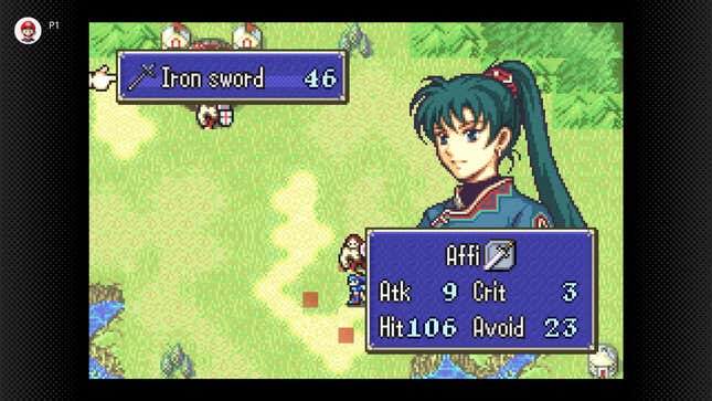 A screenshot of a Fire Emblem game shows weapon attack stats and a portrait of a female character with green hair.