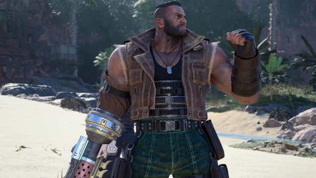 Barret holds up a fist as he looks off to the distance while standing on a beach.