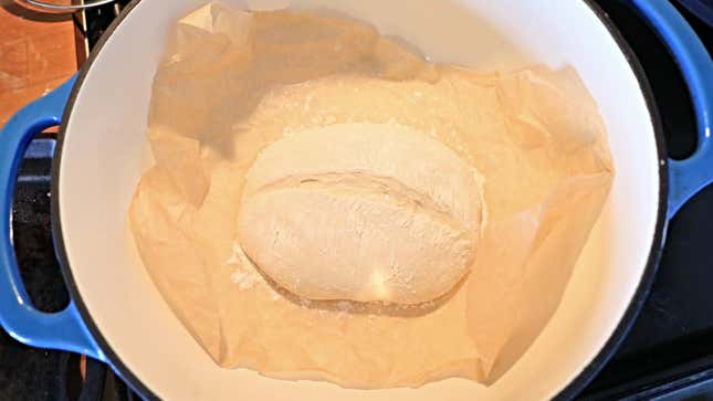 Bread dough in a Dutch oven pot before baking.