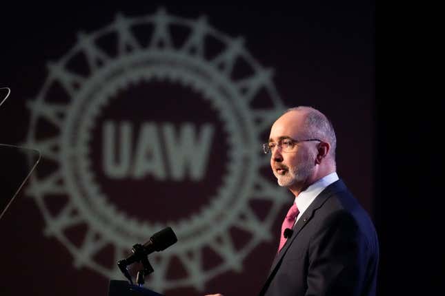 Shawn Fain, President of the United Auto Workers, speaks prior to President Joe Biden speaking to a United Auto Workers&#39; political convention, Wednesday, Jan. 24, 2024, in Washington. (AP Photo/Alex Brandon)