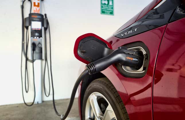 FILE - A Chevrolet Volt hybrid car is seen charging at a ChargePoint charging station at a parking garage in Los Angeles, Oct. 17, 2018. California can continue to set its own nation-leading vehicle emissions standards, a federal court ruled Tuesday, April 9, 2024. (AP Photo/Richard Vogel, File)