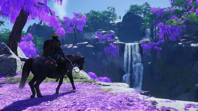 A samurai rides on a horse through a valley with purple trees