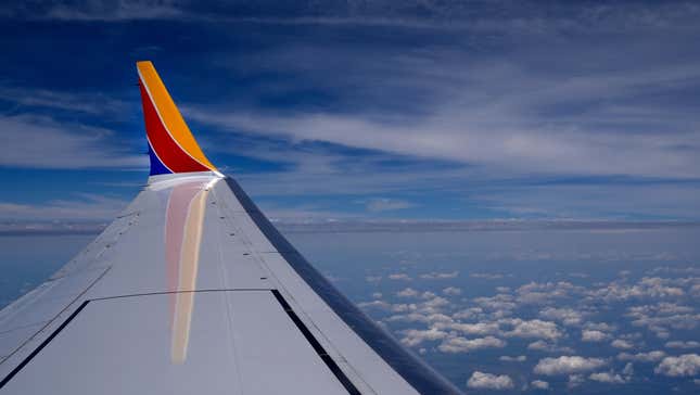 The wing of a Southwest Airlines plane