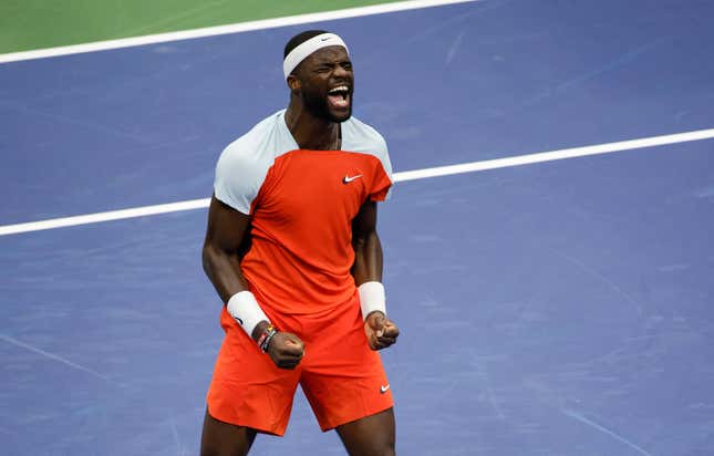 Frances Tiafoe celebrates after defeating Russia’s Andrey Rublev during their 2022 US Open Tennis tournament men’s singles quarter-final match at the USTA Billie Jean King National Tennis Center in New York, on September 7, 2022. (Photo by KENA BETANCUR / AFP) (Photo by KENA BETANCUR/AFP via Getty Images)