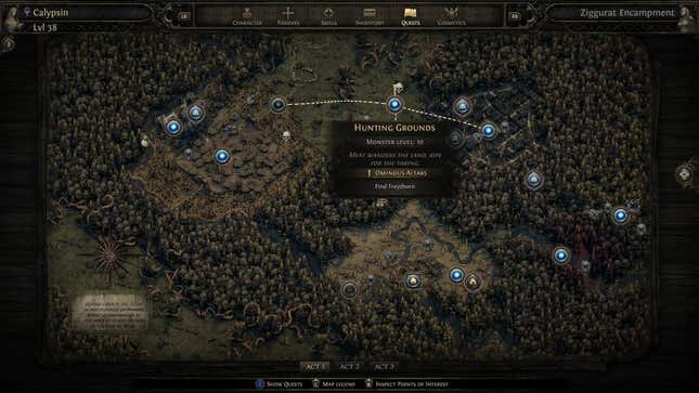 Hunting Grounds on the Act 1 zone map in Path of Exile 2.