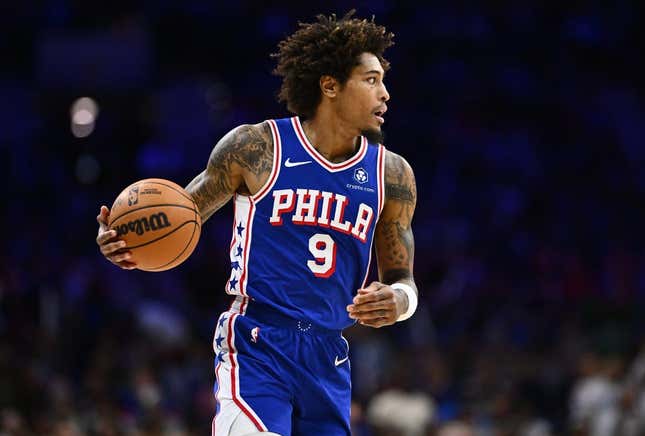 Nov 8, 2023; Philadelphia, Pennsylvania, USA; Philadelphia 76ers guard Kelly Oubre Jr (9) controls the ball against the Boston Celtics in the third quarter at Wells Fargo Center.