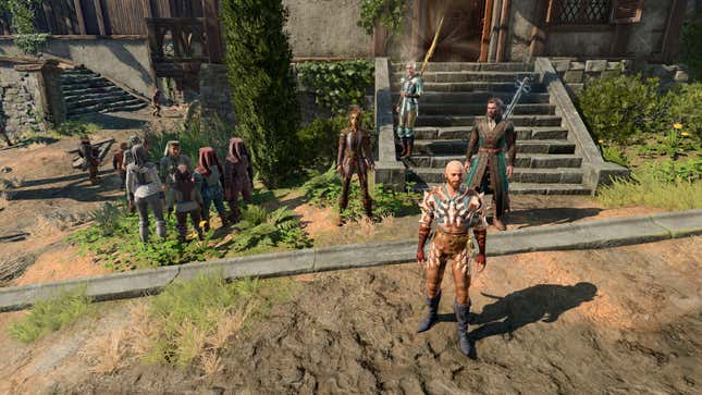 Lae'zel, Shadowheart, Gale, and Shep are seen walking through Baldur's Gate.