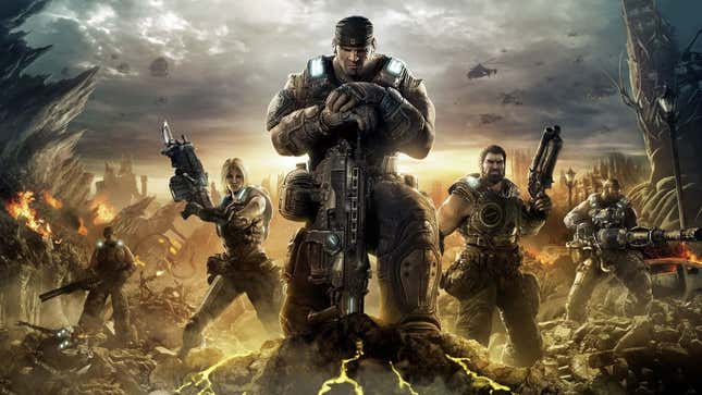 Marcus Fenix stands leaning on his gun with other Gears of War characters behind him.
