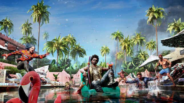 Dead Island 2 playable character Jacob sits in a Beverly Hills-looking pool as two zombies try to get his ass.