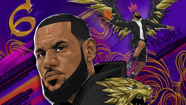 LeBron James goes for a massive dunk in stylized Fortnite loading screen artwork.