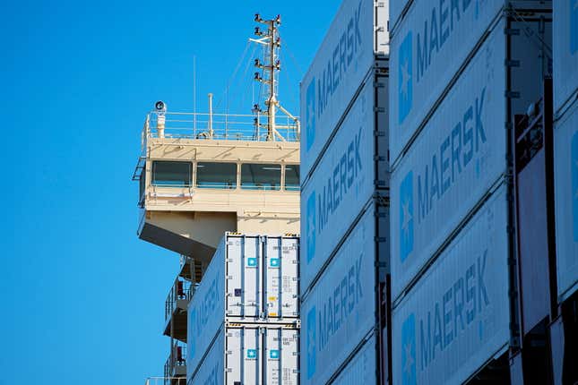 FILE - Containers are seen on the worlds first methanol-enabled container vessel before the namegiving ceremony in Copenhagen, Denmark, Thursday, Sept 14, 2023. On Friday, Nov. 3, 2023 Maersk presented its quarterly report with profits before taxes at $691 million, down from $9.1 billion for the same period last year, citing “challenging market conditions resulting in substantially lower freight rates compared to the abnormally high rates in 2022.” (Mads Claus Rasmussen/Ritzau Scanpix via AP, File)