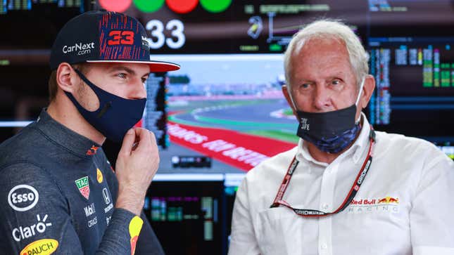 Helmut Marko, at right, stands beside Max Verstappen during a practice session before last Sunday’s British Grand Prix at Silverstone.