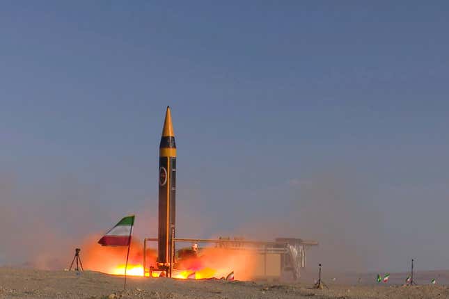 FILE - In this photo released by the Iranian Defense Ministry on May 25, 2023, Khorramshahr-4 missile is launched at an undisclosed location, Iran. The U.S. on Oct. 18, imposed sanctions on a group of people and firms based in Iran, China, Hong Kong and Venezuela, tied to the development of Iran&#39;s ballistic missile and drone programs. The penalties come as the United Nations&#39; restrictions on Iran missile-related activities under a Security Council Resolution are set to expire, as well as the E.U. restrictions on Iran&#39;s ability to obtain nuclear and conventional arms.(Iranian Defense Ministry via AP)