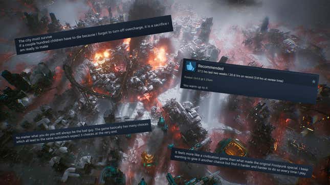 Frostpunk 2's city, covered in Steam reviews.