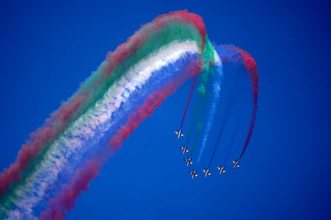 &quot;Al Fursan&quot;, or the Knights, a UAE Air Force aerobatic display team, perform during the second day of the Dubai Air Show, United Arab Emirates, Tuesday, Nov. 14, 2023. (AP Photo/Kamran Jebreili)