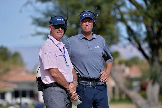 Jan 19, 2020; La Quinta, California, USA; Golf Channel on-course reporters Curt Byrum (L) and Jim MacKay look on during the final round of The American Express golf tournament at Stadium course at PGA West.