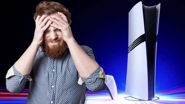 An image shows a man confused next to a PS5 Pro. 