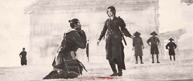 An illustrated cutscene shows someone dying in front of Naoe from a neck wound.