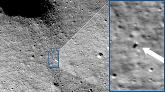 The white arrow at the center of the image points to the Odysseus lunar lander on the surface of the Moon.