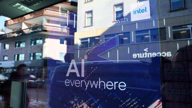 A sign saying "AI everywhere" is in the window of a storefront in Davos, Switzerland