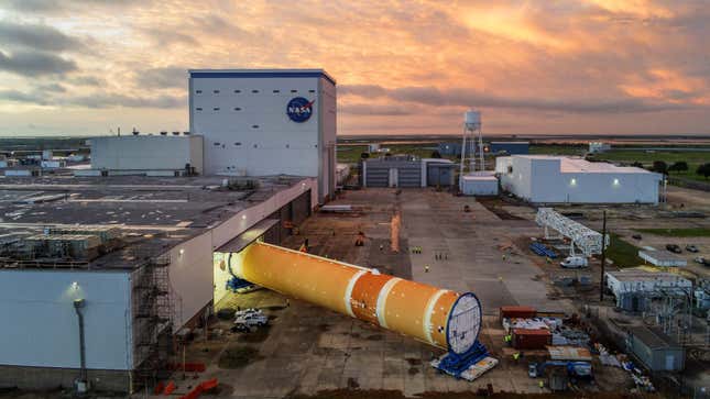 A photo of the core rocket stage leaving a factory. 