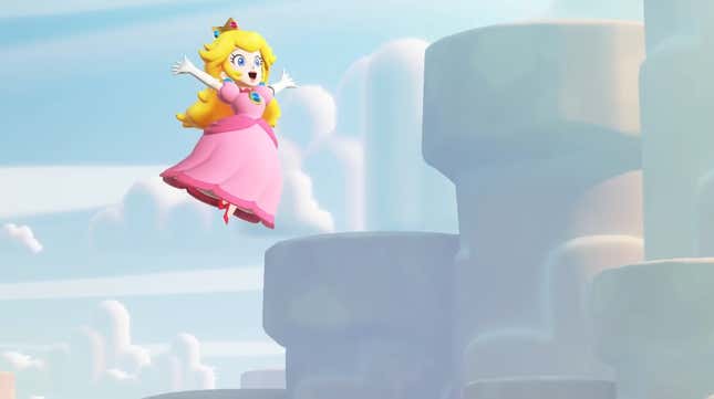 Peach spreads her arms while leaping. 