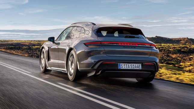 Rear 3/4 view of a grey 2025 Porsche Taycan GTS Sport Turismo