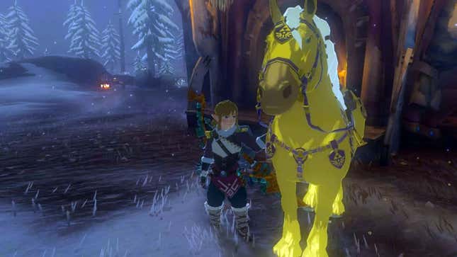 Link is seen standing next to a golden horse.