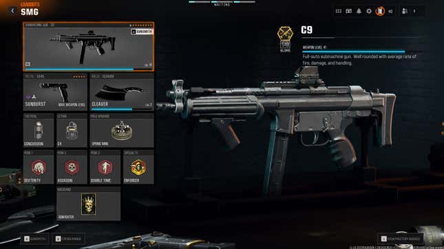 The perk screen for the C9 10MM in Black Ops 6