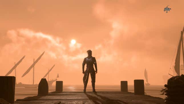 Karlach stands on a pier looking at the ocean.