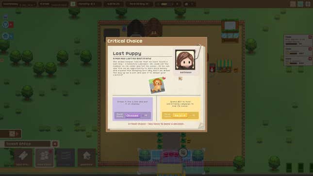 A screenshot from Let's Build a Zoo asking players to choose between returning a lost puppy or dressing it up like a lion. 