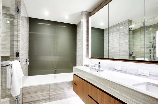 A view inside one of the bathrooms of Williams’ luxury condo in 50 West.