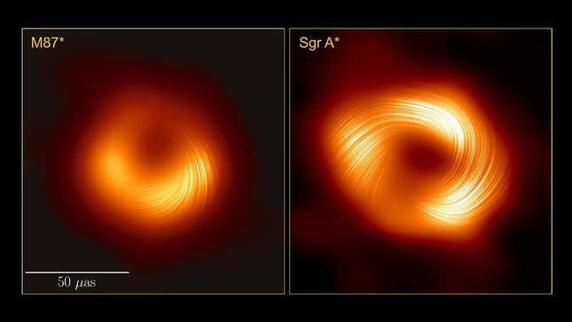 M87 (solda) ve Sgr A*'nın (sağda) polarize görüntüleri.