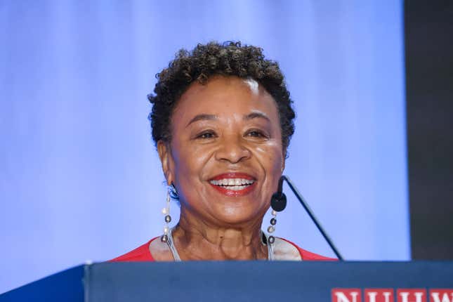 Los Angeles, CA - October 08: Rep. Barbara Lee participates in a debate on stage with other democrats who are running to succeed Sen. Feinstein at Westing Bonaventure Hotel on Sunday, Oct. 8, 2023 in Los Angeles, CA.