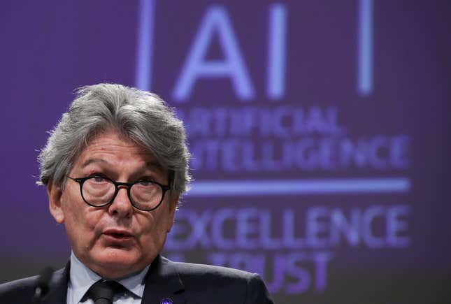 European Internal Market Commissioner Thierry Breton speaks at a media conference on the EU approach to Artificial Intelligence following a weekly meeting of EU Commission in Brussels, Belgium, April 21, 2021.