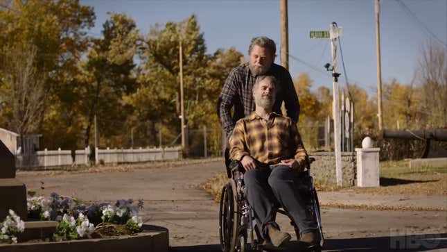 Bill pushes Frank in a wheelchair.