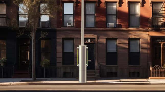 A photo of a VOltpost installed in front of a brick building