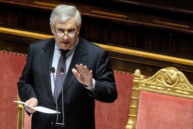 Italian Foreign Minister Antoni Tajani speaks at the Senate on a EU naval mission in the Red Sea, in Rome, Tuesday, March 5, 2024. Italian lawmakers on Tuesday approved Italy’s participation in an EU naval mission to protect cargo ship in the Red Sea from attacks by Houthi rebels in Yemen threatening maritime traffic. Tajani told lawmakers before the vote that the mission, launched last month, is strictly defensive, but that Italian ships would have the power to defend themselves as the Italian Caio Duilio destroyer did Saturday when it shot down a drone launched by Houthis in a strait between the Arabian Peninsula and the Horn of Africa. (Mauro Scrobogna/LaPresse via AP)