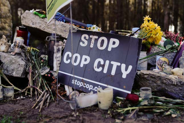 A makeshift memorial for environmental activist Manuel Teran, who was deadly assaulted by law enforcement during a raid to clear the construction site of a police training facility that activists have nicknamed “Cop City” near Atlanta, Georgia on February 6, 2023. 