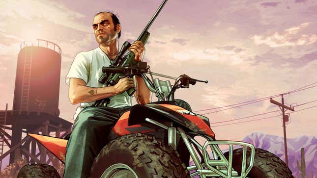 Trevor sitting on a four-wheeler and holding a rifle.