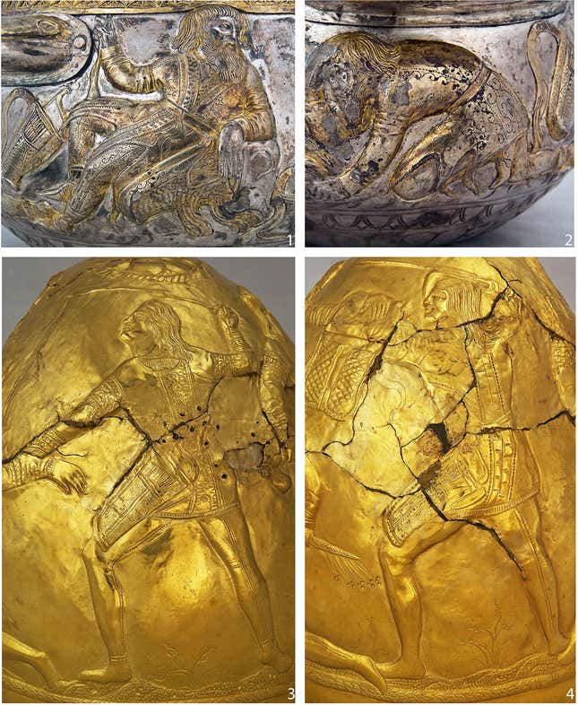 Eine silberne Schale und ein goldener Kegel aus skythischen Bestattungen, die Lederbekleidung darstellen.