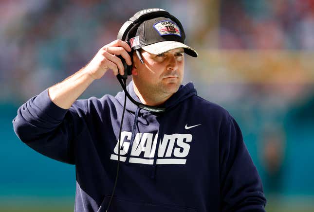 Head coach Joe Judge of the New York Giants looks on from the side line in the first quarter of the game against the Miami Dolphins at Hard Rock Stadium on December 05, 2021 in Miami Gardens, Florida. 