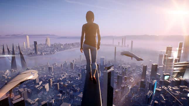 The protagonist of Mirror's Edge walks out on a ledge before a large city.