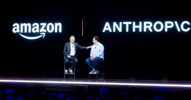 Amazon Web Services (AWS) CEO Adam Selipsky speaks with Anthropic CEO and co-founder Dario Amodei during AWS re:Invent 2023.