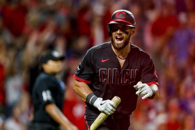 Sep 1, 2023; Cincinnati, Ohio, USA; Cincinnati Reds right fielder Hunter Renfroe (32) reacts after hitting a solo home run in the ninth inning against the Chicago Cubs at Great American Ball Park.