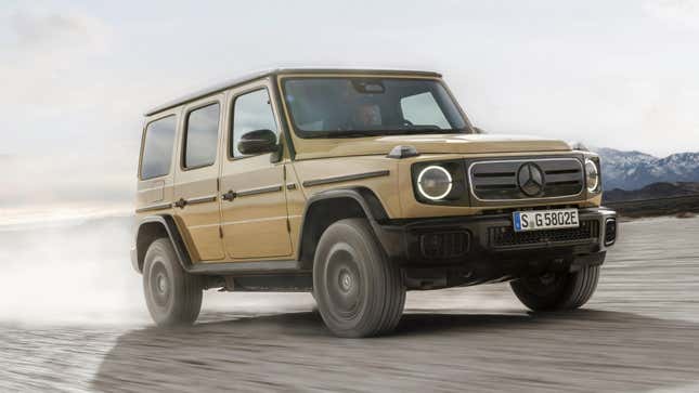 Front 3/4 view of a beige 2025 Mercedes-Benz G-Class EV