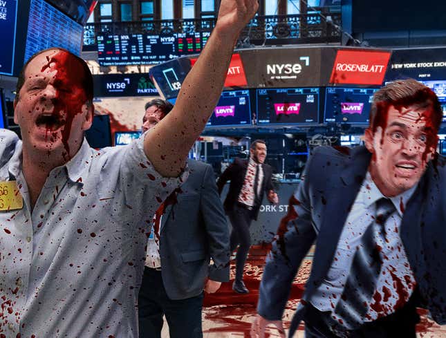 Image for article titled Blood-Splattered Wall Street Investors Scrambling After Dow Plunges Into Heart Of Floor Trader